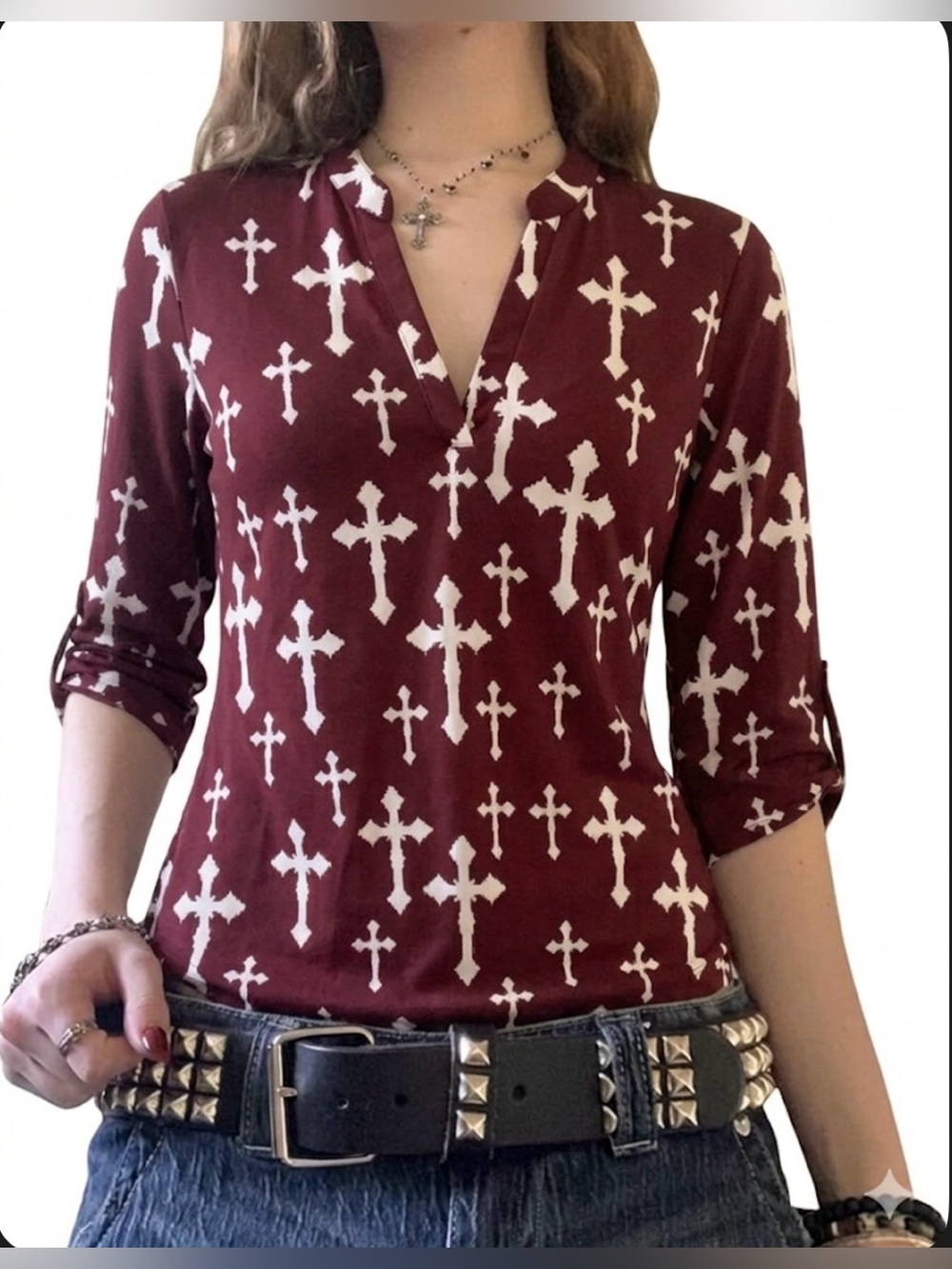 COWGIRL HARDWARE WESTERN CROSS PRINT TOP 1X/2X GOTHIC TATTOO DARK ACADEMIA WITCH